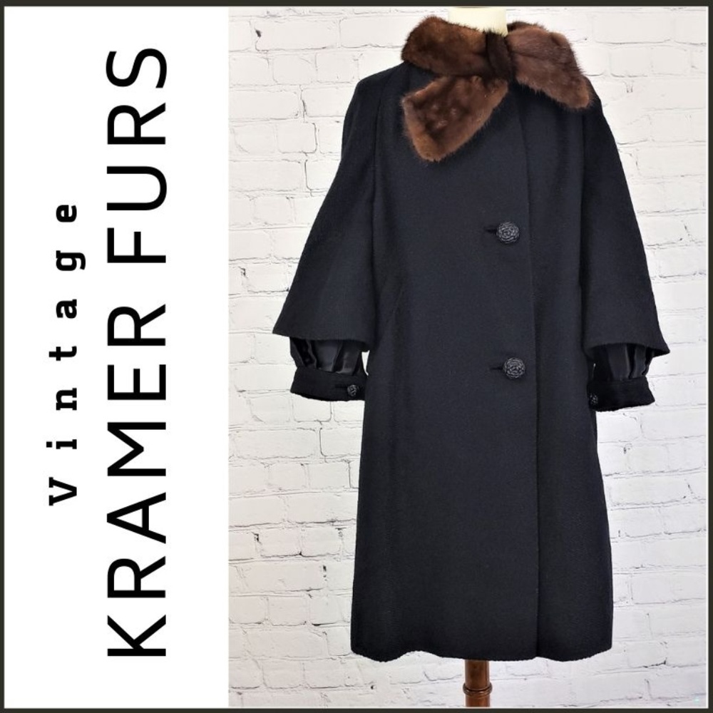VINTAGE KRAMER FURS Black Wool with Fur Collar 12